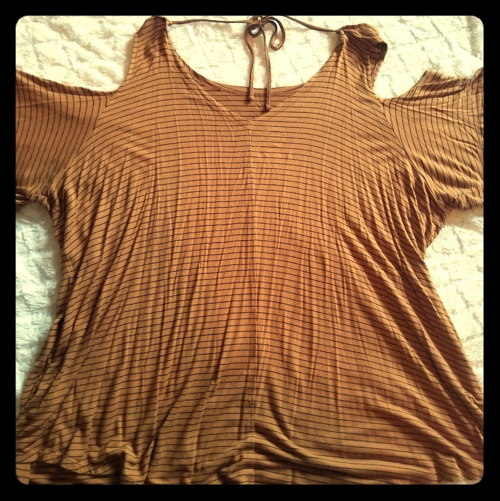 Cold shoulder mustard striped top